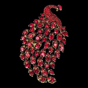 Vintage Red Peacock Brooch Pin Pendant Rhinestone Elegant Iridescent Evening Hot